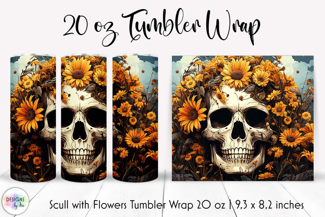 Vintage Scull with Flowers Halloween Tumbler Wrap Sublimation Designs by Ira 