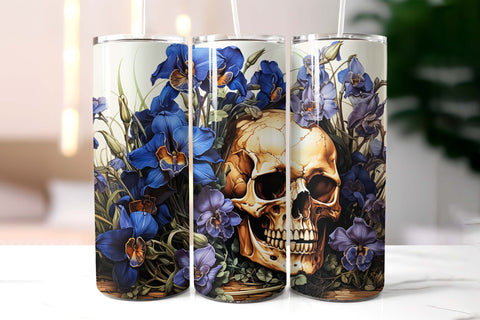 Vintage Scull with Flowers Halloween Tumbler Wrap Sublimation Designs by Ira 