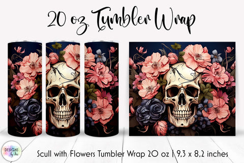 Vintage Scull with Flowers Halloween Tumbler Wrap Sublimation Designs by Ira 