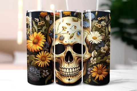 Vintage Scull with Flowers Halloween Tumbler Wrap Sublimation Designs by Ira 