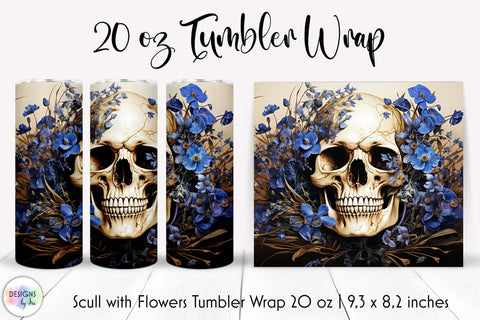 Vintage Scull with Flowers Halloween Tumbler Wrap Sublimation Designs by Ira 