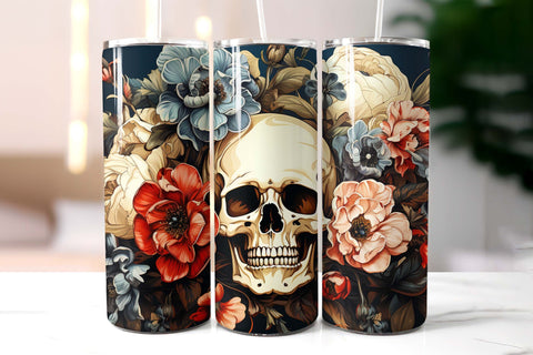 Vintage Scull with Flowers Halloween Tumbler Wrap Sublimation Designs by Ira 