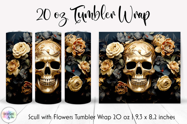 Vintage Scull with Flowers Halloween Tumbler Wrap Sublimation Designs by Ira 