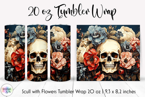 Vintage Scull with Flowers Halloween Tumbler Wrap Sublimation Designs by Ira 