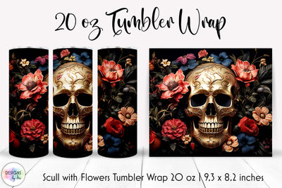 Vintage Scull with Flowers Halloween Tumbler Wrap Sublimation Designs by Ira 