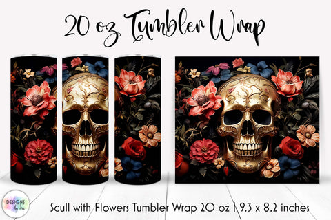 Vintage Scull with Flowers Halloween Tumbler Wrap Sublimation Designs by Ira 