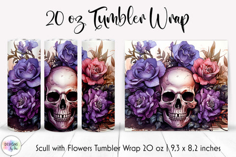Vintage Scull with Flowers Halloween Tumbler Wrap Sublimation Designs by Ira 