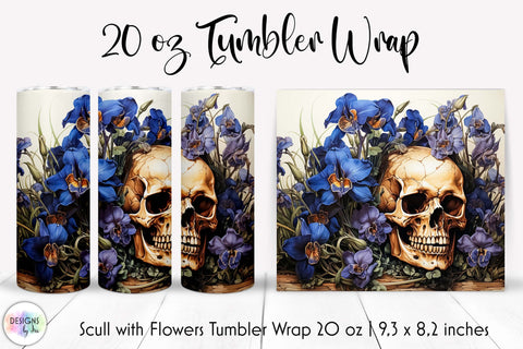 Vintage Scull with Flowers Halloween Tumbler Wrap Sublimation Designs by Ira 