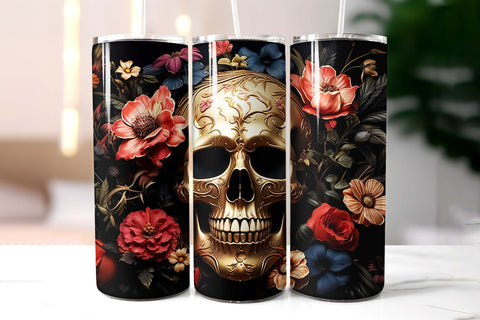 Vintage Scull with Flowers Halloween Tumbler Wrap Sublimation Designs by Ira 