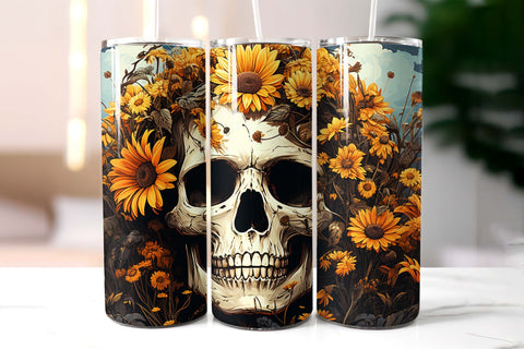 Vintage Scull with Flowers Halloween Tumbler Wrap Sublimation Designs by Ira 