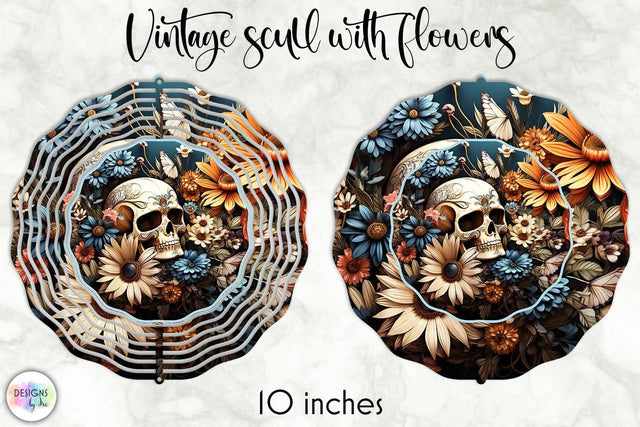 Vintage Skull with Flowers Wind Spinner Sublimation Designs by Ira 