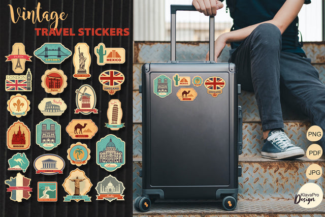 Vintage travel stickers. London, Paris, Rome, New York PNG Sublimation Klava P 