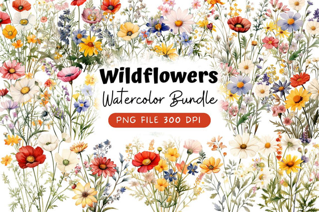 Vintage Wildflowers Watercolor Clipart Bundle Sublimation Regulrcrative 