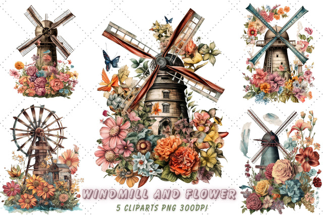 Vintage Windmill and Flower Sublimation Clipart Bundle, Sublimation, Floral Windmill Sublimation FloridPrintables 