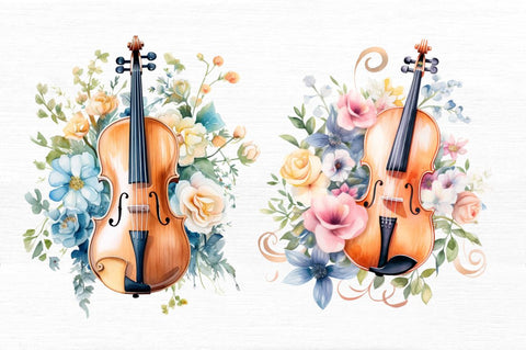 Violin and Flowers Watercolor Bundle Sublimation Regulrcrative 