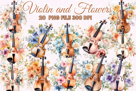 Violin and Flowers Watercolor Bundle Sublimation Regulrcrative 