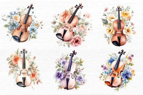 Violin and Flowers Watercolor Bundle Sublimation Regulrcrative 