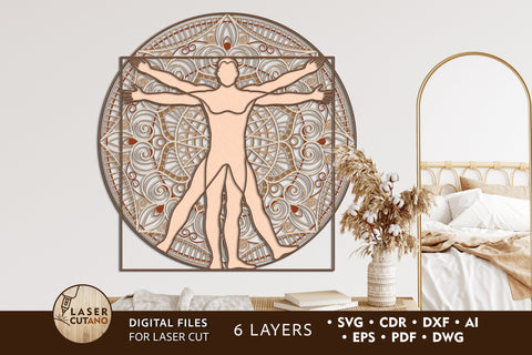 VITRUVIAN MAN Multilayer Laser Cut Files, Mandala, 3D Designs SVG LaserCutano 