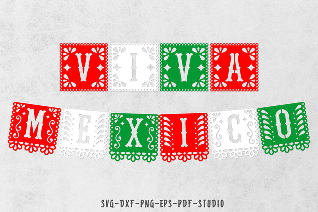 Viva Mexico banner template, Papel picado svg SVG CuttingLineStore 