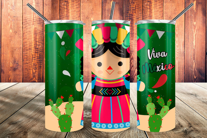 Viva México Tumbler Wrap Template Muñeca Diseño Verde Sublimation Sublimatiz Designs 