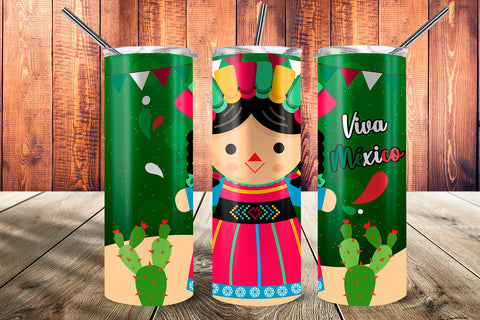 Viva México Tumbler Wrap Template Muñeca Diseño Verde Sublimation Sublimatiz Designs 
