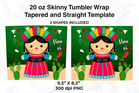 Viva México Tumbler Wrap Template Muñeca Diseño Verde Sublimation Sublimatiz Designs 