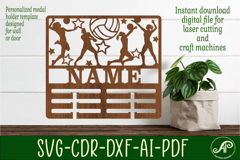 Volleyball female medal holder Name svg laser cut template SVG APInspireddesigns 