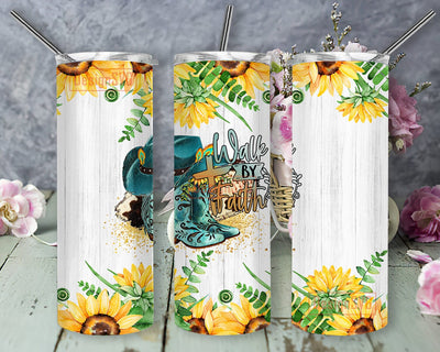 Walk By Faith Design Png, Cowboy Hat And Boots 20oz Skinny Tumbler, Sunflower Tumber Wrap, Inspirational Travel Tumbler Design, Christian Tumbler Template, Digital Download Sublimation DesignSVG 