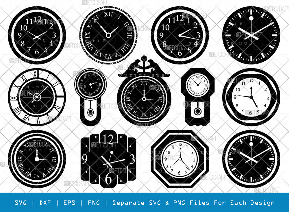 Clock Face Clock Hands Silhouettes SVG By CatgoDigital