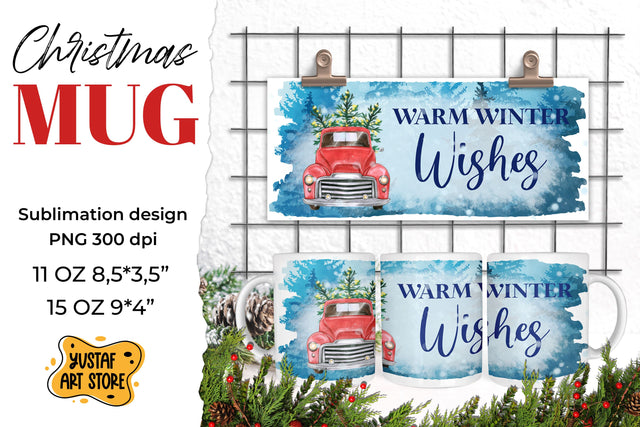 Warm winter wishes sublimation mug. Christmas Red truck mug Sublimation Yustaf Art Store 