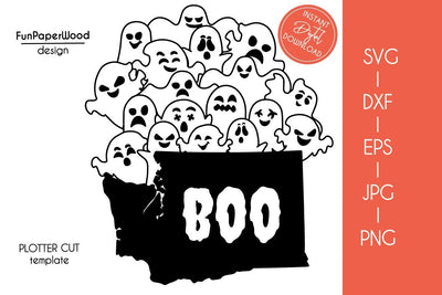 Washington WA state map Cute Halloween Boo scary ghosts faces SVG DXF EPS PNG JPEG SVG FunPaperWood 
