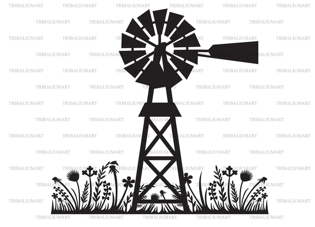 Water pumping windmill and plants landscape SVG TribaliumArtSF 