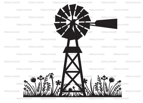 Water pumping windmill and plants landscape SVG TribaliumArtSF 