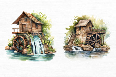 Water Wheel Watercolor Clipart Bundle Sublimation Regulrcrative 