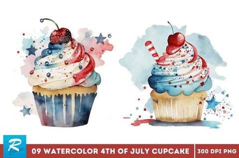 Watercolor 4th of July Cute Cupcake Clipart Bundle Sublimation Regulrcrative 