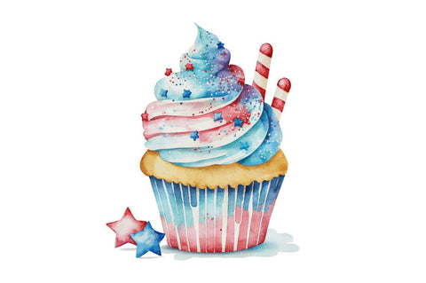 Watercolor 4th of July Cute Cupcake Clipart Bundle Sublimation Regulrcrative 