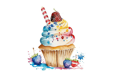 Watercolor 4th of July Cute Cupcake Clipart Bundle Sublimation Regulrcrative 