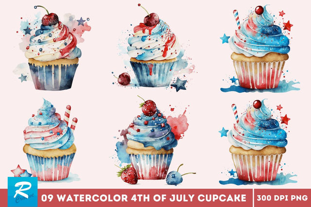 Watercolor 4th of July Cute Cupcake Clipart Bundle Sublimation Regulrcrative 