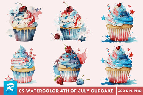 Watercolor 4th of July Cute Cupcake Clipart Bundle Sublimation Regulrcrative 