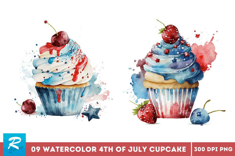 Watercolor 4th of July Cute Cupcake Clipart Bundle Sublimation Regulrcrative 