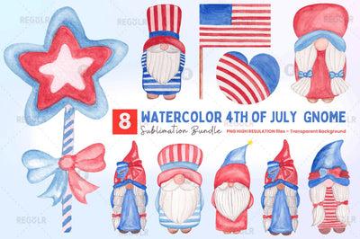 Watercolor 4th Of July Gnome Clipart Bundle Sublimation Regulrcrative 