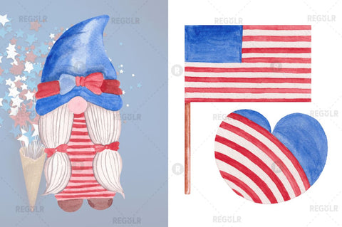 Watercolor 4th Of July Gnome Clipart Bundle Sublimation Regulrcrative 