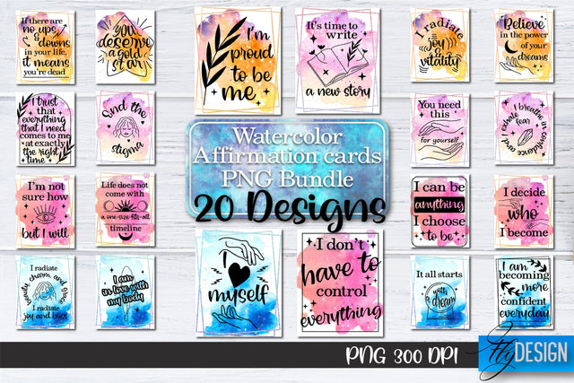 Watercolor Affirmation Cards PNG Bundle | Positive Affirmation PNG v.2 Sublimation Fly Design 