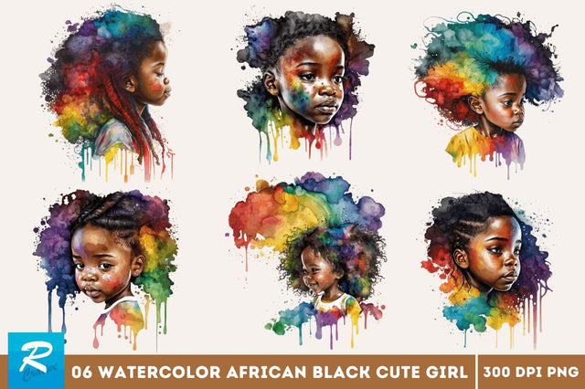 Watercolor African Black Cute Girl Rainbow Clipart Bundle Sublimation Regulrcrative 