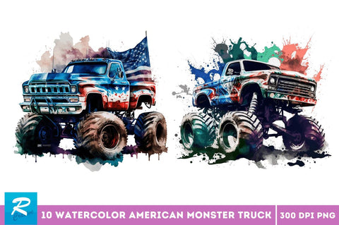 Watercolor American Monster Truck Bundle Sublimation Regulrcrative 