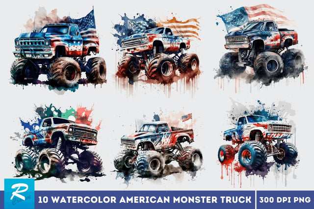 Watercolor American Monster Truck Bundle Sublimation Regulrcrative 
