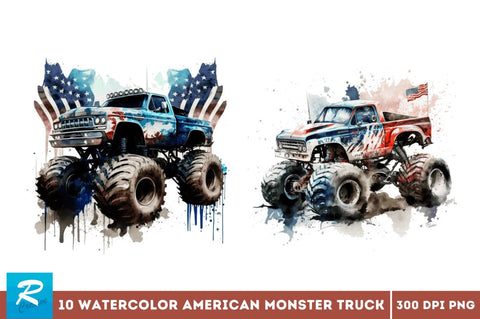 Watercolor American Monster Truck Bundle Sublimation Regulrcrative 