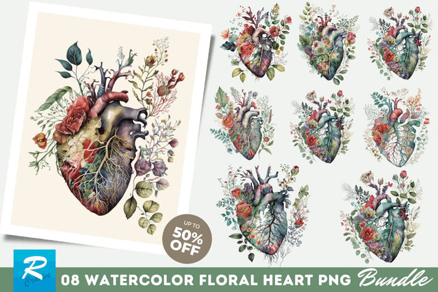 Watercolor Anatomical Floral Heart Clipart Bundle Sublimation Regulrcrative 