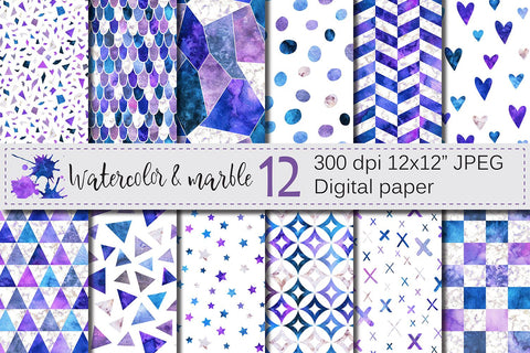 Watercolor and Marble Purple Blue Seamless Patterns / Digital Paper Digital Pattern VR Digital Design 