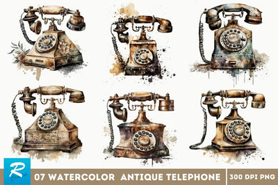 Watercolor Antique Telephone Clipart Bundle Sublimation Regulrcrative 